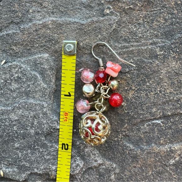 Vintage 🖤 Boho Gold Tone & Peach Cluster Earrings Dangle Drop Rhinestone Orange - Picture 6 of 8